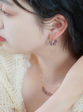 法式优雅四颗紫水晶u形耳钉925纯银小众复古宫廷风耳环轻奢50537