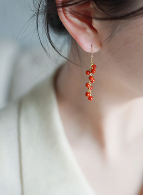 yeajewel设计感法式小众红玛瑙串耳环复古气质耳钩流苏耳饰21184