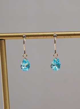 小众轻奢高级感复古海蓝色水滴耳环14k包金耳挂法式优雅耳钩40586