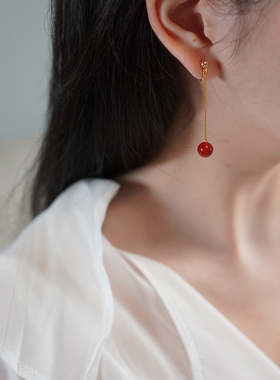 yeajewel 手作红玛瑙流苏耳夹气质淑女耳环无耳洞耳骨夹网红21028