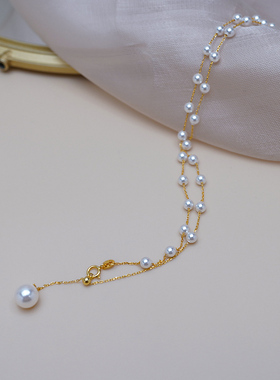 小众设计感淑女气质满天星珍珠y字项链925纯银时尚锁骨链女50731