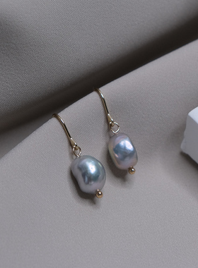 灰珍珠14k包金耳环耳钩简约法式复古优雅耳饰小众轻奢高级感10644