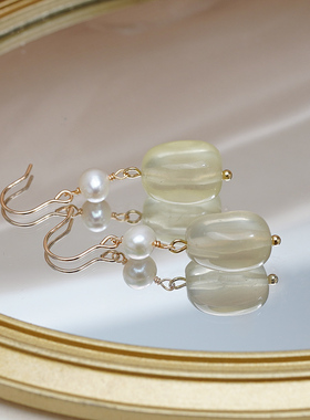小众清新少女柠檬晶珍珠耳环14k包金耳钩清冷感新中式耳饰女50508