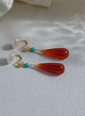 小众轻奢高级感水滴红玛瑙蓝松石耳夹新中式古风甜美耳环潮41021