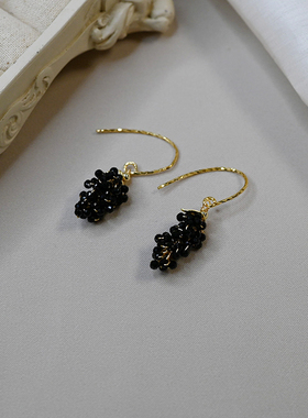小众高级感黑水晶葡萄串耳挂925银饰耳钩复古优雅耳环耳饰女20620