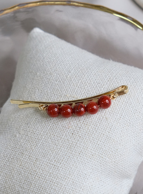 手作甜美五颗红玛瑙发夹复古优雅边夹一字夹简约气质饰品女10851