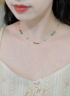 小众复古设计感纤细蓝松石红玛瑙项链新中式国潮锁骨链925银50814