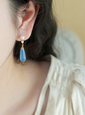 法式复古优雅水滴蓝玛瑙双珍珠耳钉925纯银流苏少女耳环小众51180