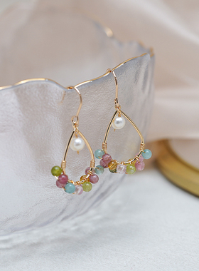 小众设计高级感绕碧玺水滴珍珠耳环彩色多巴胺少女耳钩甜美50466