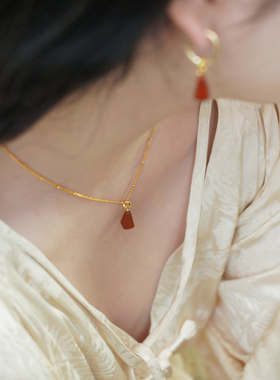 新中式复古甜美气质棱形红石吊坠项链小众设计感优雅锁骨链51174