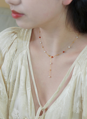 小众新中式复古红玛瑙珍珠金珠项链925纯银满天星锁骨链女510171