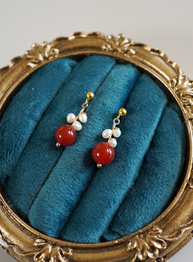 yeajewel 复古气质红玛瑙绕珍珠耳钉925银淑女耳环小众设计21234