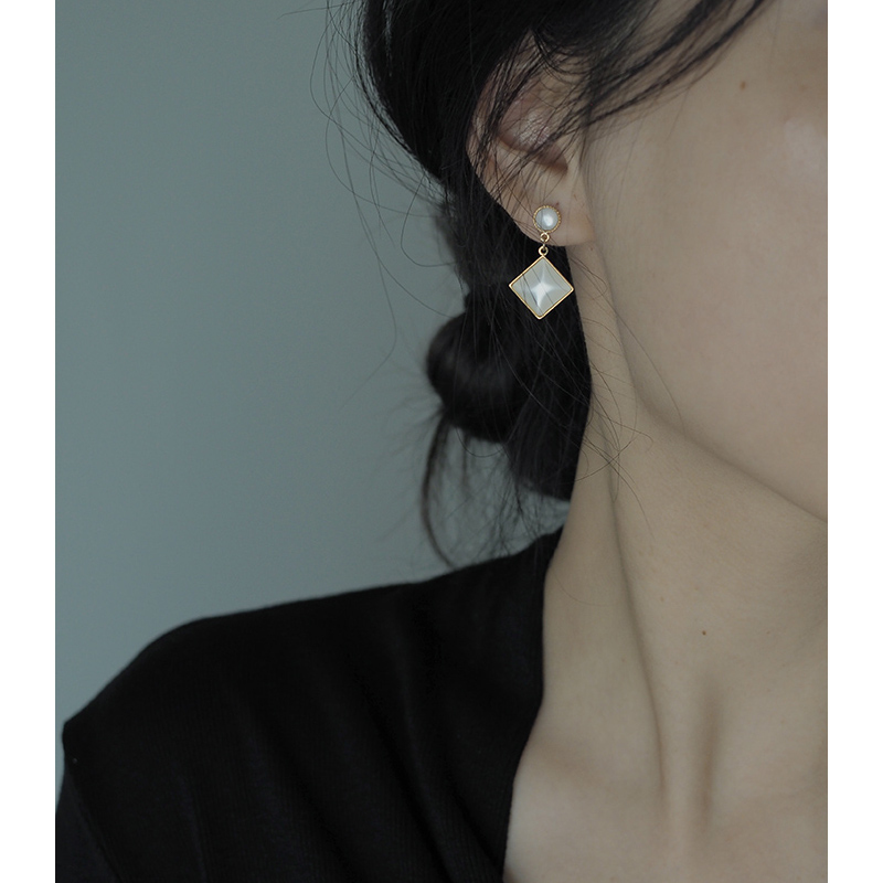 925纯银时尚人造猫眼石耳钉棱形耳环轻奢复古气质耳饰小众女91019