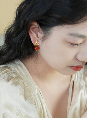 小众设计感优雅复古三花红玛瑙耳夹无耳洞耳骨夹新中式耳环51161
