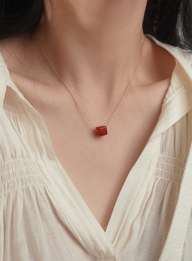 yeajewel小众方糖红玛瑙项链925银甜美复古锁骨链优雅饰品女31219