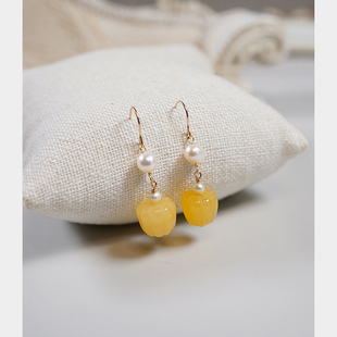 yeajewel金丝玉南瓜珍珠长耳环设计感小众耳钩森系流苏耳饰21140