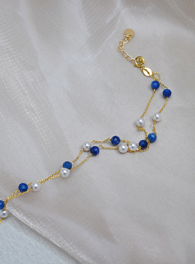 法式复古蓝晶石珍珠满天星项链925纯银高级感小众锁骨链优雅50421