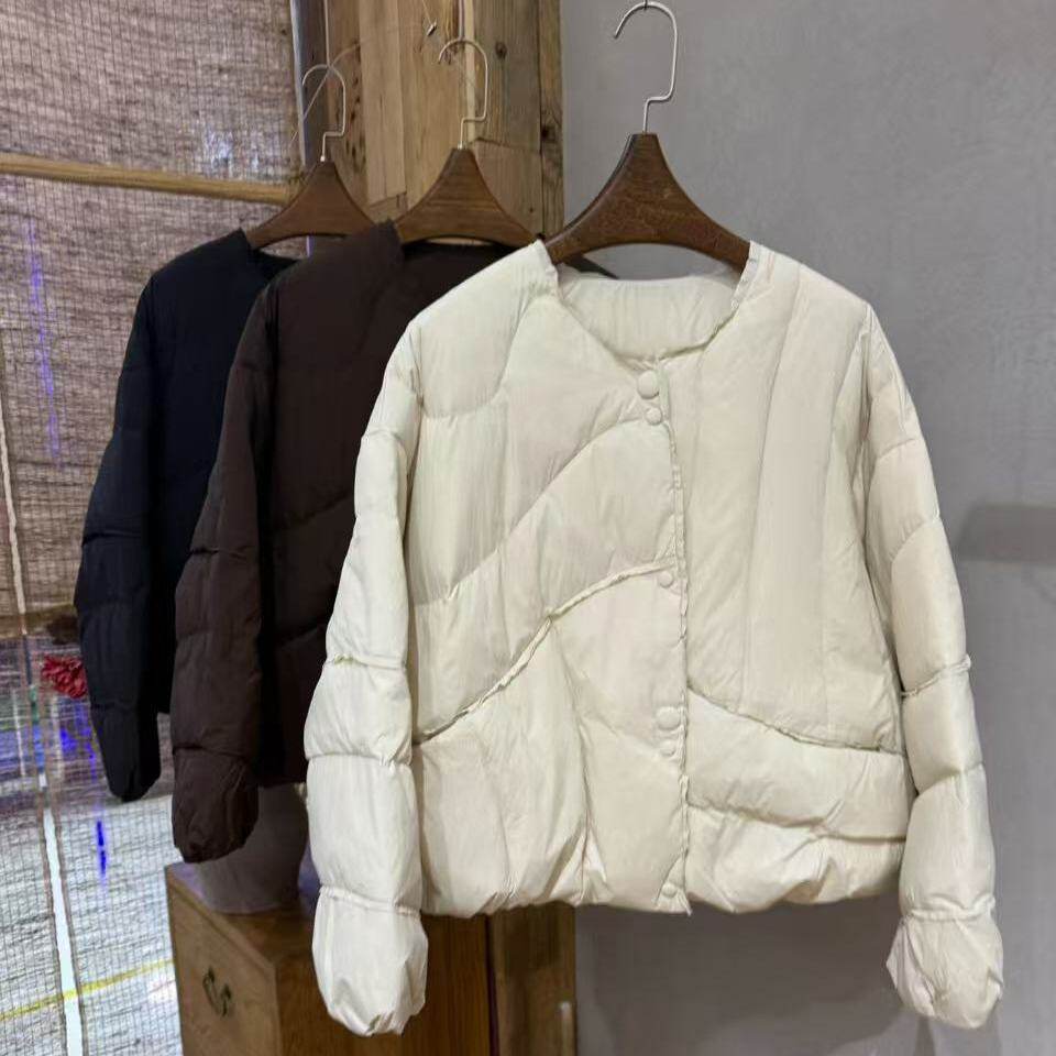 孔米新款羽绒服女宽松秋冬日系宽松纯色无领轻薄90%羽绒服女外套