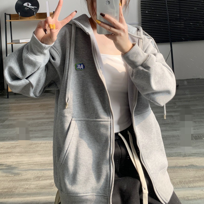 Ader韩国加绒开衫卫衣女小标刺绣男女同款秋冬休闲百搭拉链连帽潮