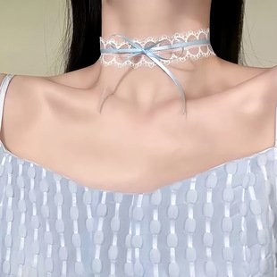 项链女淡蓝蝴蝶结新款 锁骨链 配饰仙女白蕾丝系带颈带Choker短款