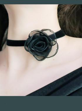 超仙女黑色山茶花蝴蝶结系带性感颈带Choker锁骨链防过敏INS项链