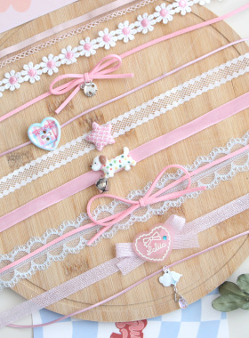 超仙粉色蕾丝choker少女蝴蝶结锁骨项链短款花朵颈链刺绣颈带项圈