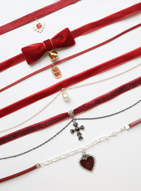 圣诞摇铃变装礼物新年酒红蝴蝶结铃铛蕾丝锁骨链甜美可爱项链颈带