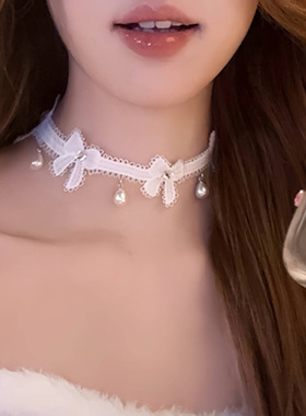 纯欲风项链黑白蕾丝项链蝴蝶结珍珠吊坠颈链choker项圈锁骨链