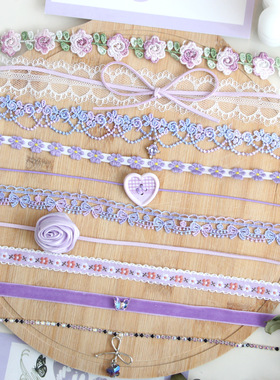 紫色蝴蝶结蕾丝项链女小众设计感锁骨链小清新爱心颈链脖子配饰