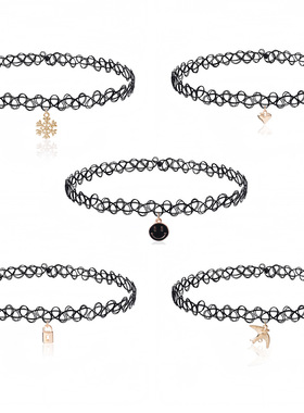 欧美日韩新款80s风choker项链镂空tattoo爱心吊坠纹身项圈有弹性