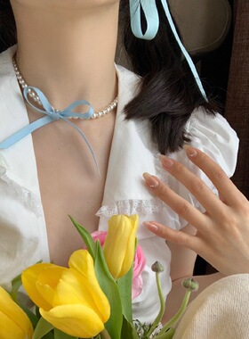 蓝丝带蝴蝶结项链夏季新款少女风锁骨链Choker颈链短款珍珠项链女