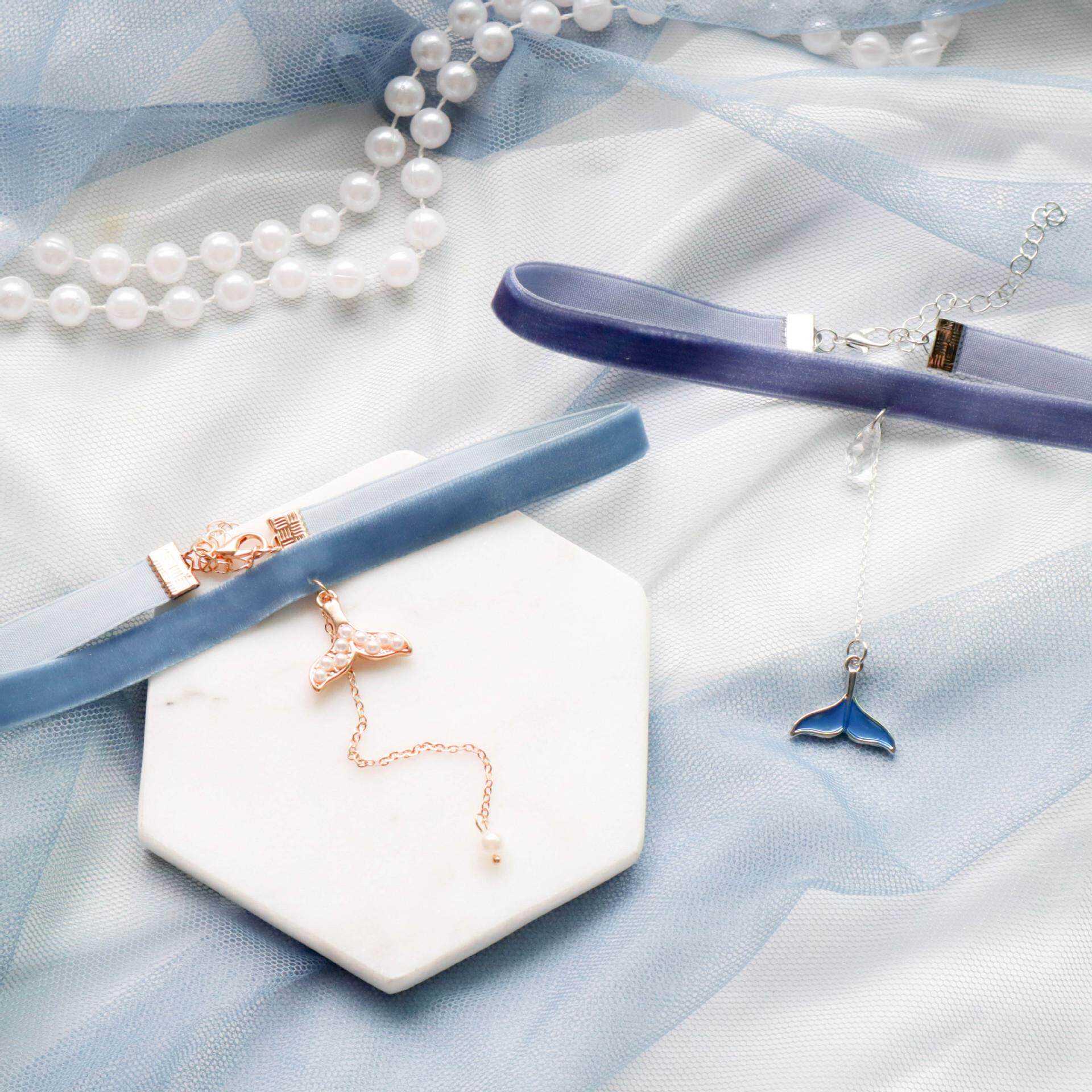 新款日韩饰品蓝色人鱼姬尾巴吊坠丝绒颈带choker颈链锁骨链项链女