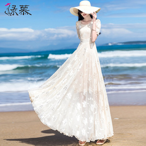 米白色雪纺连衣裙女2026年夏季新款长款圆领修身显瘦气质大摆长裙