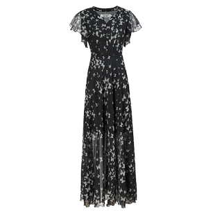 时尚黑色碎花连衣裙女2026夏季新款收腰显瘦超仙森系超长裙到脚踝