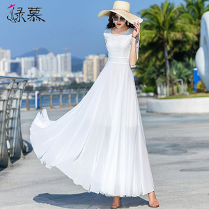 白色雪纺连衣裙女2026新款夏季时尚蕾丝拼接长款修身显瘦大摆长裙