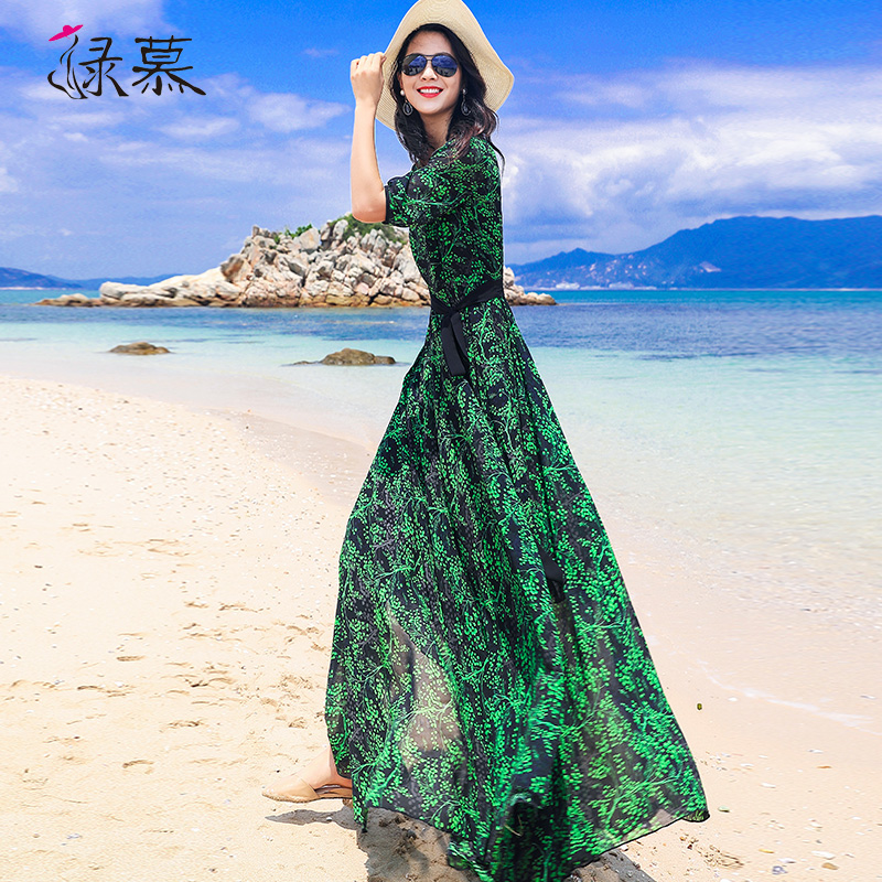 绿慕女人味风大摆到脚踝连衣裙