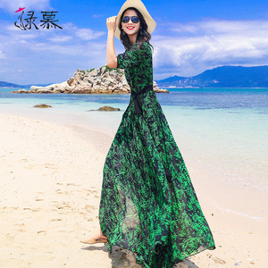 绿慕2026连衣裙女人味碎花收腰长款夏雪纺沙滩裙大摆超长裙到脚踝