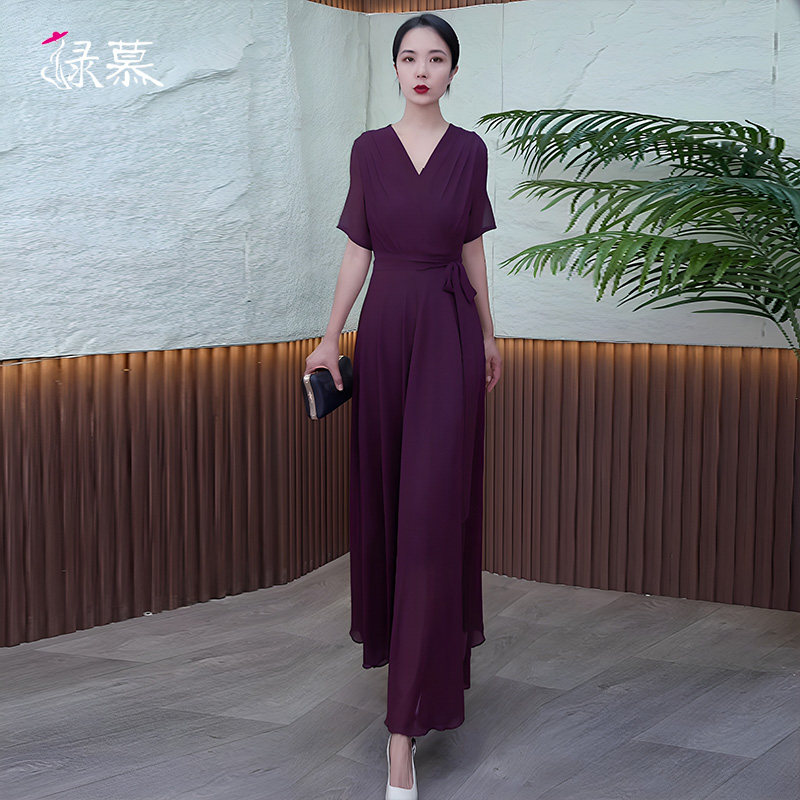 今年流行紫色连衣裙长款2026夏季新款高级感气质V领收腰显瘦长裙