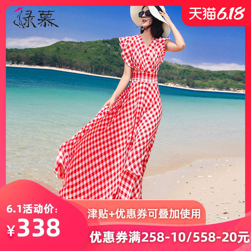 绿慕雪纺连衣裙女格子2020夏装新款荷叶边短袖长款修身显瘦沙滩裙