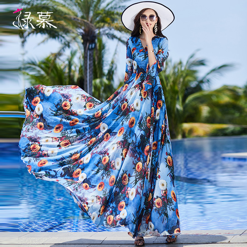 新款收腰显瘦到脚踝印花连衣裙