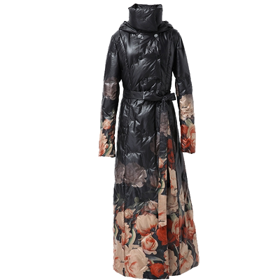 绿慕花色长款收腰修身过膝羽绒服