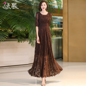 高级感咖色提花连衣裙女长款2026夏季新收腰显瘦雪纺气质大摆长裙