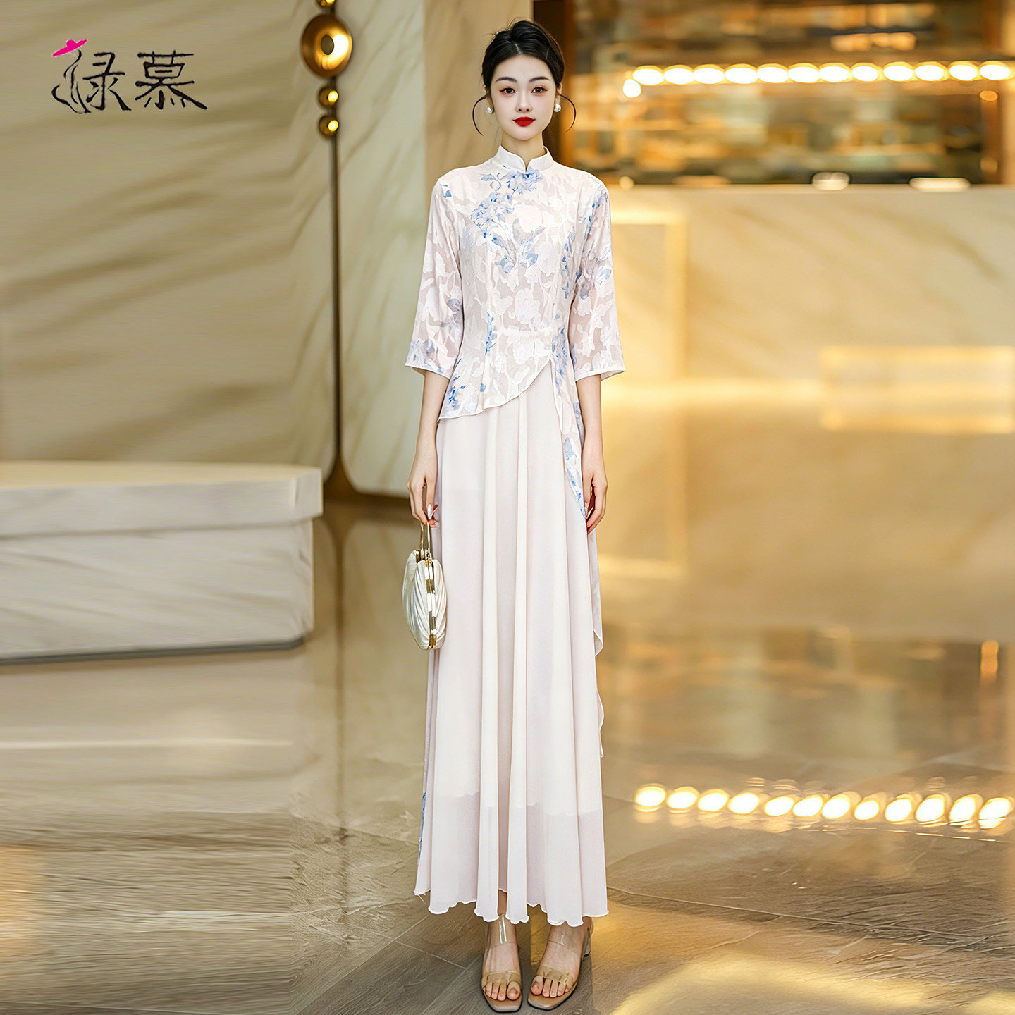 新中式轻国风绝美青花瓷长裙女夏