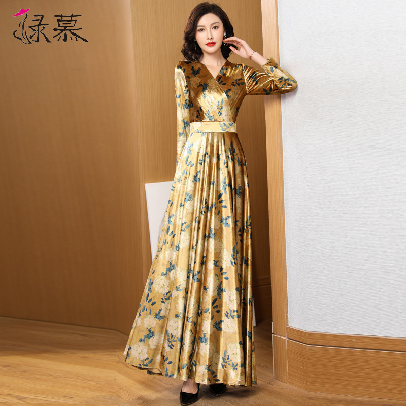 优雅花色绿慕大摆到脚踝长裙