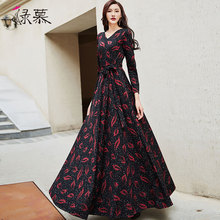 修身 大摆连衣裙女 收腰显瘦气质印花长袖 女2019新款 绿慕秋冬装 长款