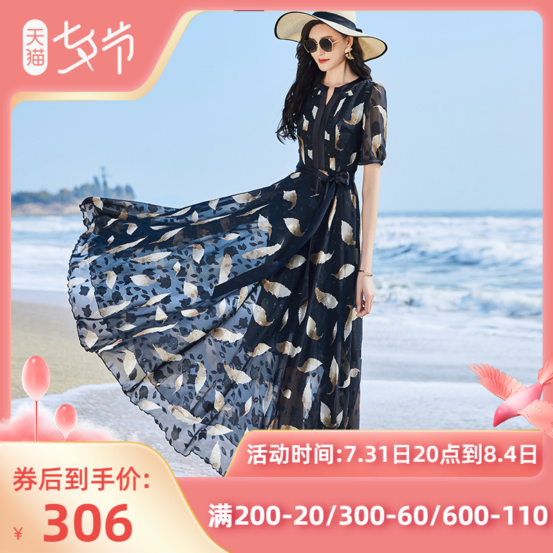 2022年夏季新款雪纺连衣裙女黑色印花长款气质小V领显瘦大摆长裙