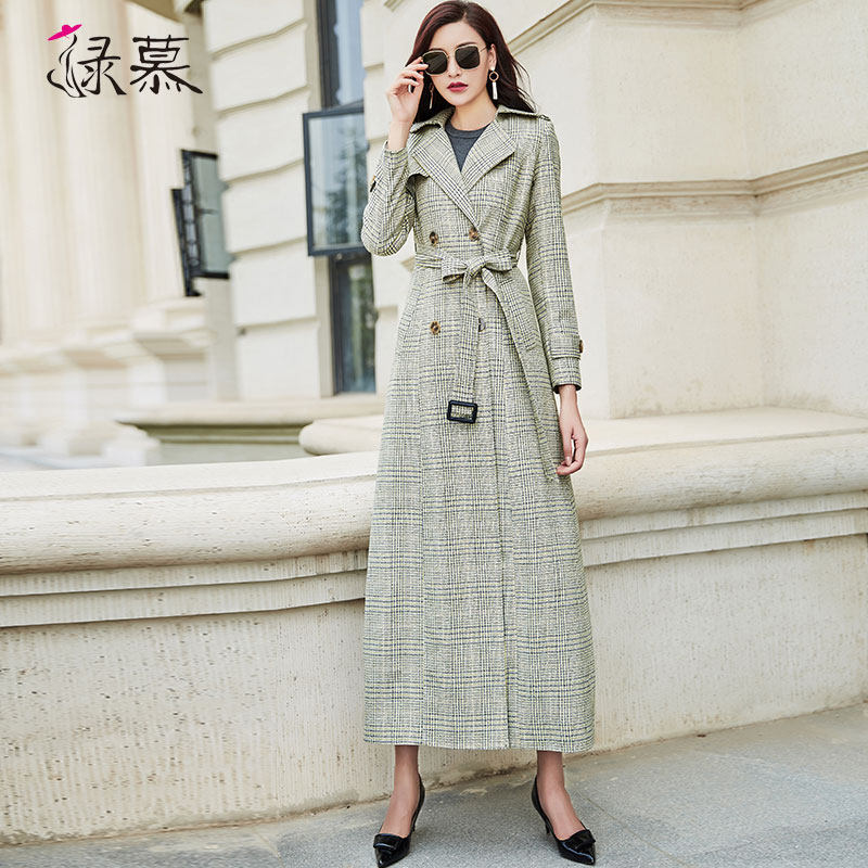绿慕格子风衣女长款2020春秋季新时尚气质垂感过膝大衣外套薄款