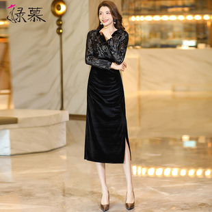 过膝长款 高端精致修身 一步裙 新款 黑色假两件拼接连衣裙女2025春装