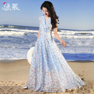 新品 绿慕2023夏季 沙滩裙小碎花雪纺连衣裙夏大摆海边度假V领长裙