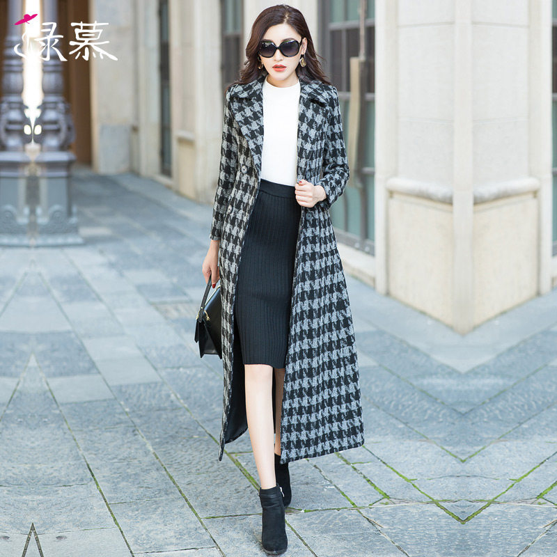 绿慕格子毛呢外套女2019秋冬流行新款修身羊毛呢子大衣女加厚过膝